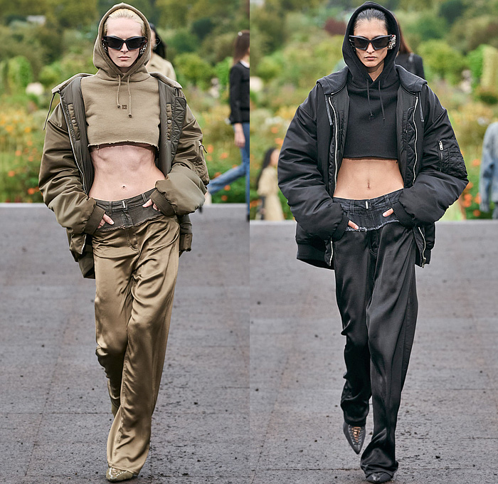 Givenchy 2023 Spring Summer Womens Runway Collection - Mode à Paris Fashion Week France - Bralette Straps Belts Crop Top Midriff Denim Jeans Cargo Shorts Utility Pockets Sheer Organza Chiffon Ruffles Bell Hem Tweed Hoodie Sweatshirt Coat Parka Split Half Loungewear Rope Fishnet Mesh Fringes Baggy One Shoulder Noodle Strap Party Dress Pearls Bedazzled Wrap Draped Cinch Pencil Skirt Gown Strapless Accordion Pleats Opera Gloves Handbag Gladiators