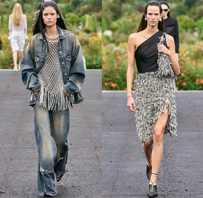 Givenchy 2023 Spring Summer Womens Runway Collection - Mode à Paris Fashion Week France - Bralette Straps Belts Crop Top Midriff Denim Jeans Cargo Shorts Utility Pockets Sheer Organza Chiffon Ruffles Bell Hem Tweed Hoodie Sweatshirt Coat Parka Split Half Loungewear Rope Fishnet Mesh Fringes Baggy One Shoulder Noodle Strap Party Dress Pearls Bedazzled Wrap Draped Cinch Pencil Skirt Gown Strapless Accordion Pleats Opera Gloves Handbag Gladiators