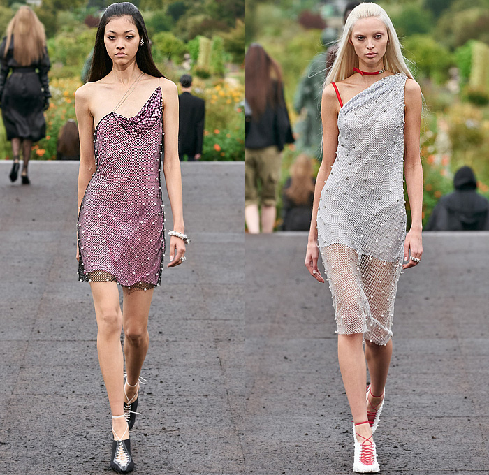 Givenchy 2023 Spring Summer Womens Runway Collection - Mode à Paris Fashion Week France - Bralette Straps Belts Crop Top Midriff Denim Jeans Cargo Shorts Utility Pockets Sheer Organza Chiffon Ruffles Bell Hem Tweed Hoodie Sweatshirt Coat Parka Split Half Loungewear Rope Fishnet Mesh Fringes Baggy One Shoulder Noodle Strap Party Dress Pearls Bedazzled Wrap Draped Cinch Pencil Skirt Gown Strapless Accordion Pleats Opera Gloves Handbag Gladiators