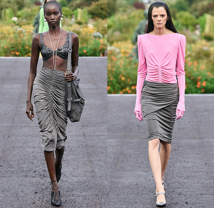 Givenchy 2023 Spring Summer Womens Runway Collection - Mode à Paris Fashion Week France - Bralette Straps Belts Crop Top Midriff Denim Jeans Cargo Shorts Utility Pockets Sheer Organza Chiffon Ruffles Bell Hem Tweed Hoodie Sweatshirt Coat Parka Split Half Loungewear Rope Fishnet Mesh Fringes Baggy One Shoulder Noodle Strap Party Dress Pearls Bedazzled Wrap Draped Cinch Pencil Skirt Gown Strapless Accordion Pleats Opera Gloves Handbag Gladiators