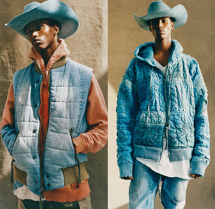 Greg Lauren 2023 Spring Summer Mens Lookbook Presentation - Paris Fashion Week Homme Mode Masculine Printemps Eté - Re-construct Cowboy Hat Vest Denim Jeans Quilted Puffer Hoodie Sweatshirt Destroyed Destructed Kimono Patches Patchwork Blazer Suit Wide Leg Cargo Pants Pockets Long Sleeve Shirt Straps Tuxedo Cocktail Jacket Paint Drippings Pinstripe Chaps Zipper Knit Sweater Wool Boots