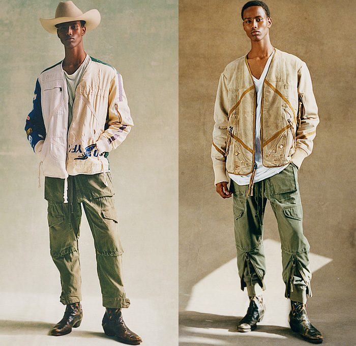 Greg Lauren 2023 Spring Summer Mens Lookbook Presentation - Paris Fashion Week Homme Mode Masculine Printemps Eté - Re-construct Cowboy Hat Vest Denim Jeans Quilted Puffer Hoodie Sweatshirt Destroyed Destructed Kimono Patches Patchwork Blazer Suit Wide Leg Cargo Pants Pockets Long Sleeve Shirt Straps Tuxedo Cocktail Jacket Paint Drippings Pinstripe Chaps Zipper Knit Sweater Wool Boots