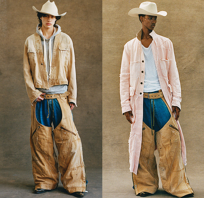 Greg Lauren 2023 Spring Summer Mens Lookbook Presentation - Paris Fashion Week Homme Mode Masculine Printemps Eté - Re-construct Cowboy Hat Vest Denim Jeans Quilted Puffer Hoodie Sweatshirt Destroyed Destructed Kimono Patches Patchwork Blazer Suit Wide Leg Cargo Pants Pockets Long Sleeve Shirt Straps Tuxedo Cocktail Jacket Paint Drippings Pinstripe Chaps Zipper Knit Sweater Wool Boots