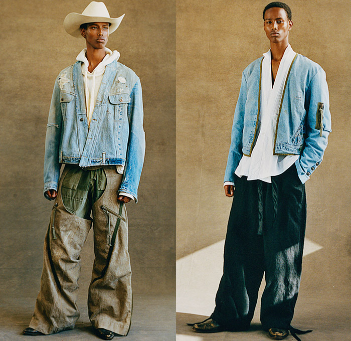 Greg Lauren 2023 Spring Summer Mens Lookbook Presentation - Paris Fashion Week Homme Mode Masculine Printemps Eté - Re-construct Cowboy Hat Vest Denim Jeans Quilted Puffer Hoodie Sweatshirt Destroyed Destructed Kimono Patches Patchwork Blazer Suit Wide Leg Cargo Pants Pockets Long Sleeve Shirt Straps Tuxedo Cocktail Jacket Paint Drippings Pinstripe Chaps Zipper Knit Sweater Wool Boots