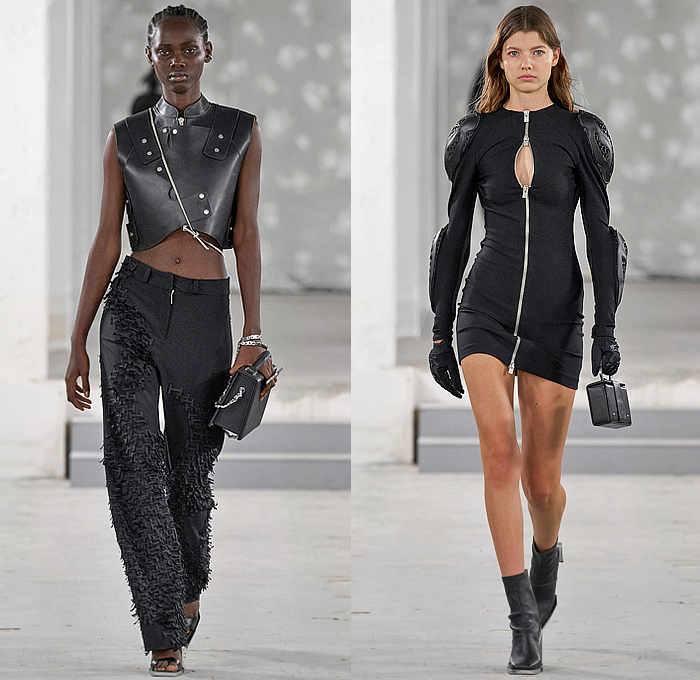 Heliot Emil 2023 Spring Summer Womens Collection - Mode à Paris Fashion Week France - Primal Substance Motorsports Motorcycle Moto Jacket Biker Pants Alpinestars MX Streetwear Pads Air Slits Denim Jeans Vest Armor Zippers Straps Harness Carabiner Hooks Loops Cutout Crop Top Midriff Sheer Organza Bikini Swimwear Fringes Bodycon Dress Trackwear Miniskirt Carpenter Anorak Patchwork Pockets Knit Sweater Blazer Star Coat Parka Detachable Handbag Boots Lunch Box Gloves Micro Bag 