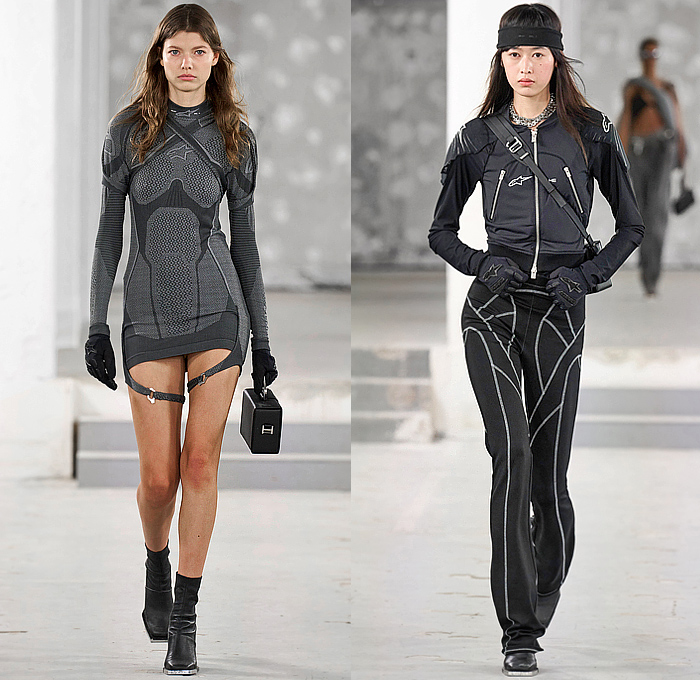 Heliot Emil 2023 Spring Summer Womens Collection - Mode à Paris Fashion Week France - Primal Substance Motorsports Motorcycle Moto Jacket Biker Pants Alpinestars MX Streetwear Pads Air Slits Denim Jeans Vest Armor Zippers Straps Harness Carabiner Hooks Loops Cutout Crop Top Midriff Sheer Organza Bikini Swimwear Fringes Bodycon Dress Trackwear Miniskirt Carpenter Anorak Patchwork Pockets Knit Sweater Blazer Star Coat Parka Detachable Handbag Boots Lunch Box Gloves Micro Bag 