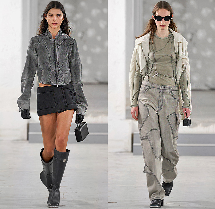 Heliot Emil 2023 Spring Summer Womens Collection - Mode à Paris Fashion Week France - Primal Substance Motorsports Motorcycle Moto Jacket Biker Pants Alpinestars MX Streetwear Pads Air Slits Denim Jeans Vest Armor Zippers Straps Harness Carabiner Hooks Loops Cutout Crop Top Midriff Sheer Organza Bikini Swimwear Fringes Bodycon Dress Trackwear Miniskirt Carpenter Anorak Patchwork Pockets Knit Sweater Blazer Star Coat Parka Detachable Handbag Boots Lunch Box Gloves Micro Bag 