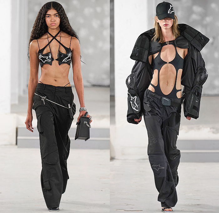 Heliot Emil 2023 Spring Summer Womens Collection - Mode à Paris Fashion Week France - Primal Substance Motorsports Motorcycle Moto Jacket Biker Pants Alpinestars MX Streetwear Pads Air Slits Denim Jeans Vest Armor Zippers Straps Harness Carabiner Hooks Loops Cutout Crop Top Midriff Sheer Organza Bikini Swimwear Fringes Bodycon Dress Trackwear Miniskirt Carpenter Anorak Patchwork Pockets Knit Sweater Blazer Star Coat Parka Detachable Handbag Boots Lunch Box Gloves Micro Bag 