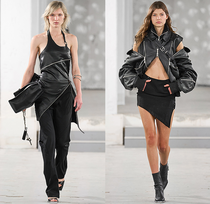 Heliot Emil 2023 Spring Summer Womens Collection - Mode à Paris Fashion Week France - Primal Substance Motorsports Motorcycle Moto Jacket Biker Pants Alpinestars MX Streetwear Pads Air Slits Denim Jeans Vest Armor Zippers Straps Harness Carabiner Hooks Loops Cutout Crop Top Midriff Sheer Organza Bikini Swimwear Fringes Bodycon Dress Trackwear Miniskirt Carpenter Anorak Patchwork Pockets Knit Sweater Blazer Star Coat Parka Detachable Handbag Boots Lunch Box Gloves Micro Bag 