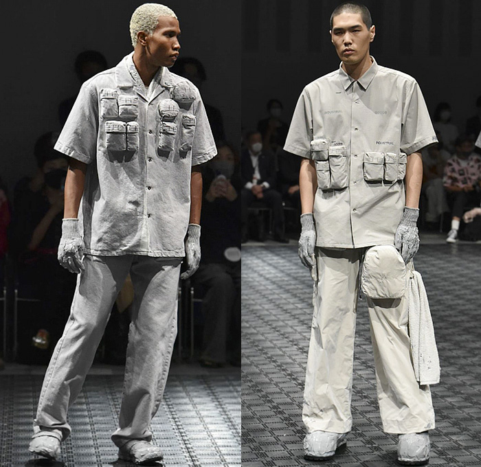 HIDESIGN 2023 Spring Summer Mens Style Watch Trendcasting Styles - Rakuten Fashion Week Tokyo Japan - Utility Pockets Pouch Nylon Jacket Vest Gilet Shirt Hooks Straps Belts Uniform Workwear Pen Pencil Holders Gloves Denim Jeans Wide Leg Arm Warmers Cargo Pants Tearaway Snap Buttons Velcro Coat Turtleneck Onesie Jumpsuit Coveralls Boiler Suit Mechanic Sneakers