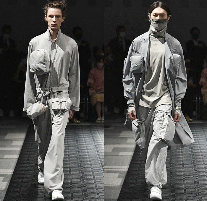 HIDESIGN 2023 Spring Summer Mens Style Watch Trendcasting Styles - Rakuten Fashion Week Tokyo Japan - Utility Pockets Pouch Nylon Jacket Vest Gilet Shirt Hooks Straps Belts Uniform Workwear Pen Pencil Holders Gloves Denim Jeans Wide Leg Arm Warmers Cargo Pants Tearaway Snap Buttons Velcro Coat Turtleneck Onesie Jumpsuit Coveralls Boiler Suit Mechanic Sneakers