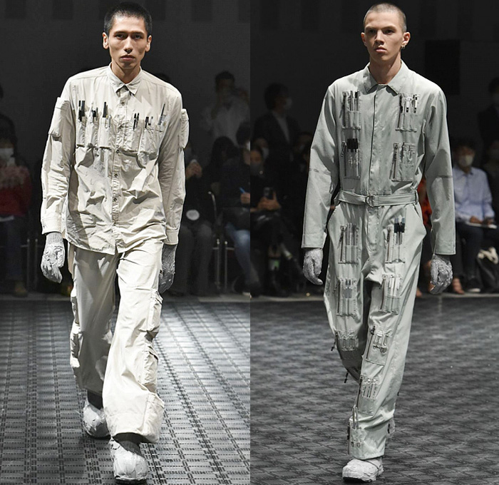 HIDESIGN 2023 Spring Summer Mens Style Watch Trendcasting Styles - Rakuten Fashion Week Tokyo Japan - Utility Pockets Pouch Nylon Jacket Vest Gilet Shirt Hooks Straps Belts Uniform Workwear Pen Pencil Holders Gloves Denim Jeans Wide Leg Arm Warmers Cargo Pants Tearaway Snap Buttons Velcro Coat Turtleneck Onesie Jumpsuit Coveralls Boiler Suit Mechanic Sneakers