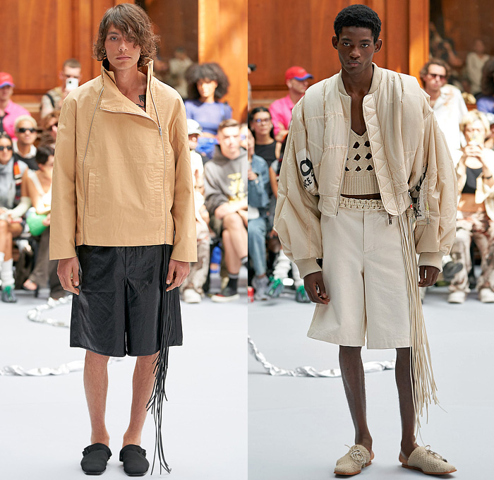 Holzweiler 2023 Spring Summer Mens Runway Collection Looks - Copenhagen Fashion Week Denmark CPHFW København - In Motion - Knit Sweater Holes Cutout Mesh Manskirt Cinch Drawstring Utility Pockets Braid Fringes Strings Harness Wide Leg Zipper Quilted Puffer Bomber Jacket Outerwear Coat Shorts Loungewear Backpack Bucket Hat Clogs