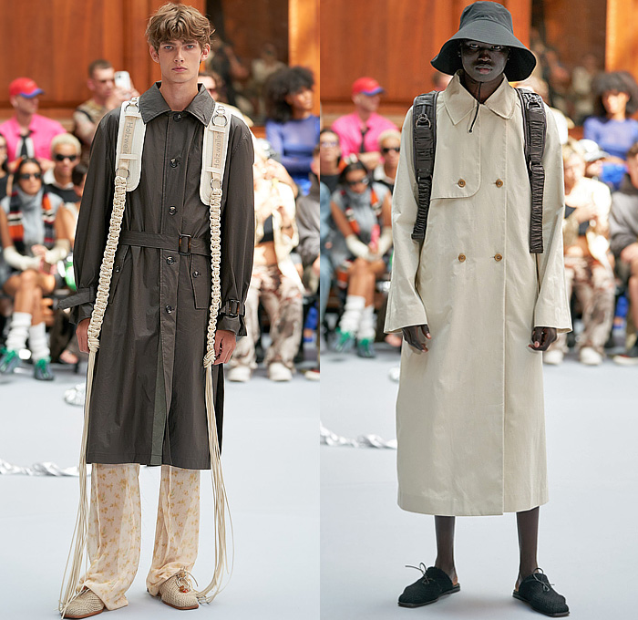 Holzweiler 2023 Spring Summer Mens Runway Collection Looks - Copenhagen Fashion Week Denmark CPHFW København - In Motion - Knit Sweater Holes Cutout Mesh Manskirt Cinch Drawstring Utility Pockets Braid Fringes Strings Harness Wide Leg Zipper Quilted Puffer Bomber Jacket Outerwear Coat Shorts Loungewear Backpack Bucket Hat Clogs