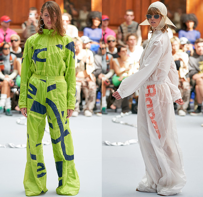 Holzweiler 2023 Spring Summer Womens Runway Collection Looks - Copenhagen Fashion Week Denmark CPHFW København - In Motion - Nylon Trackwear Onesie Jumpsuit Coveralls Zipper Blouse Bandeau Crop Top Midriff Top Panels Fringes Frayed Raw Hem Vest Tabard Tied Drawstring Cinch Blazer Marbled Grommets Noodle Strap Dress One Shoulder Blurry Flowers Floral Harness Braid Knit Crochet Mesh Sweater Holes Wide Leg Flare Skirt Cape Handmaid Hat Fanny Pack Pouch Bag Clogs Straw Hat Boots