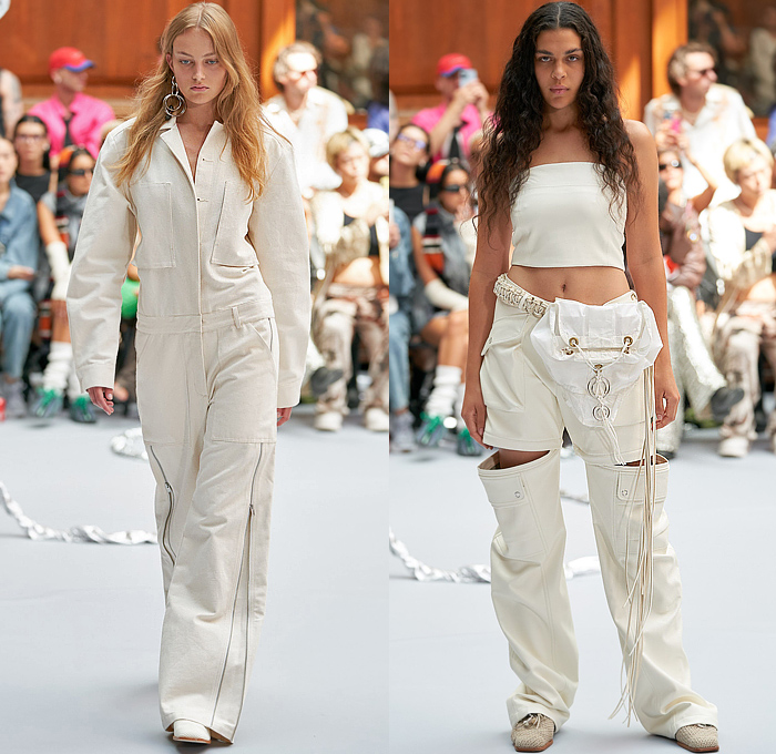 Holzweiler 2023 Spring Summer Womens Runway Collection Looks - Copenhagen Fashion Week Denmark CPHFW København - In Motion - Nylon Trackwear Onesie Jumpsuit Coveralls Zipper Blouse Bandeau Crop Top Midriff Top Panels Fringes Frayed Raw Hem Vest Tabard Tied Drawstring Cinch Blazer Marbled Grommets Noodle Strap Dress One Shoulder Blurry Flowers Floral Harness Braid Knit Crochet Mesh Sweater Holes Wide Leg Flare Skirt Cape Handmaid Hat Fanny Pack Pouch Bag Clogs Straw Hat Boots