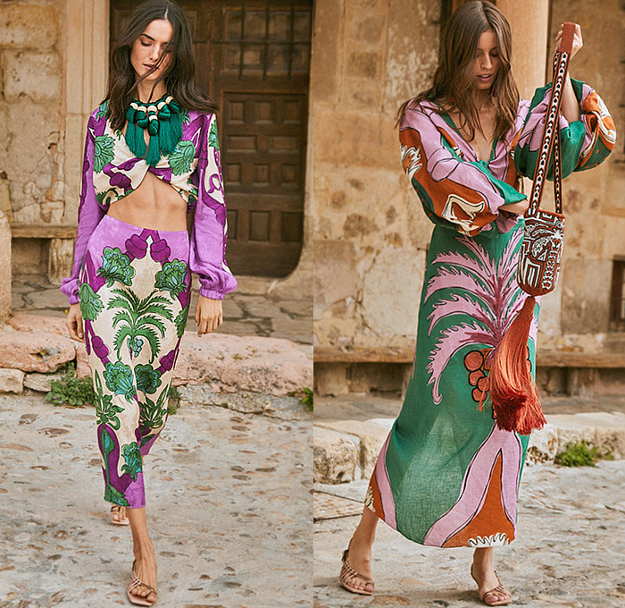 Johanna Ortiz 2023 Spring Summer Womens Lookbook - Mode à Paris Fashion Week France - Tropical Palm Trees Coconuts Flowers Floral Leaves Foliage Fauna Decorative Art Print Motif Twist Crop Top Midriff Pencil Skirt Poufy Puff Sleeves Cross Halterneck Robe Bedazzled Beads Sequins Paillettes Shells Embroidery Eyelets Holes Lace Cutout Waist Noodle Strap Tiered Ruffles Frills Asymmetrical Silk Satin Shawl Gown Maxi Dress Rope Fringes Necklace Tassels Knit Crochet Handbag Kitten Heels