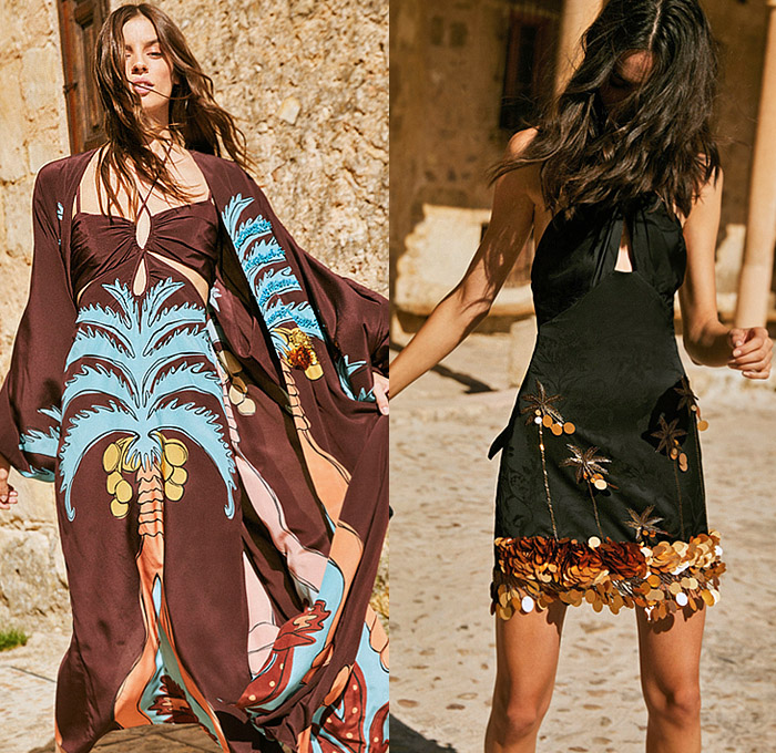 Johanna Ortiz 2023 Spring Summer Womens Lookbook - Mode à Paris Fashion Week France - Tropical Palm Trees Coconuts Flowers Floral Leaves Foliage Fauna Decorative Art Print Motif Twist Crop Top Midriff Pencil Skirt Poufy Puff Sleeves Cross Halterneck Robe Bedazzled Beads Sequins Paillettes Shells Embroidery Eyelets Holes Lace Cutout Waist Noodle Strap Tiered Ruffles Frills Asymmetrical Silk Satin Shawl Gown Maxi Dress Rope Fringes Necklace Tassels Knit Crochet Handbag Kitten Heels