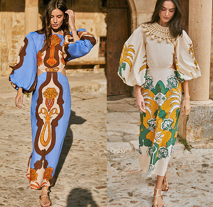Johanna Ortiz 2023 Spring Summer Womens Lookbook - Mode à Paris Fashion Week France - Tropical Palm Trees Coconuts Flowers Floral Leaves Foliage Fauna Decorative Art Print Motif Twist Crop Top Midriff Pencil Skirt Poufy Puff Sleeves Cross Halterneck Robe Bedazzled Beads Sequins Paillettes Shells Embroidery Eyelets Holes Lace Cutout Waist Noodle Strap Tiered Ruffles Frills Asymmetrical Silk Satin Shawl Gown Maxi Dress Rope Fringes Necklace Tassels Knit Crochet Handbag Kitten Heels