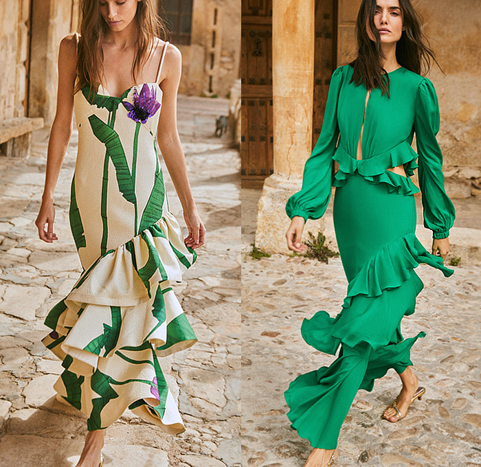 Johanna Ortiz 2023 Spring Summer Womens Lookbook - Mode à Paris Fashion Week France - Tropical Palm Trees Coconuts Flowers Floral Leaves Foliage Fauna Decorative Art Print Motif Twist Crop Top Midriff Pencil Skirt Poufy Puff Sleeves Cross Halterneck Robe Bedazzled Beads Sequins Paillettes Shells Embroidery Eyelets Holes Lace Cutout Waist Noodle Strap Tiered Ruffles Frills Asymmetrical Silk Satin Shawl Gown Maxi Dress Rope Fringes Necklace Tassels Knit Crochet Handbag Kitten Heels