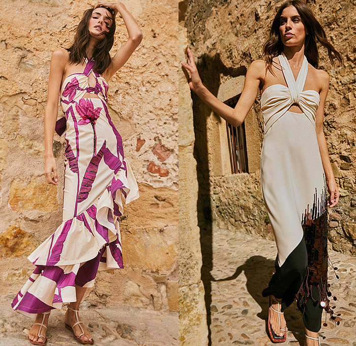 Johanna Ortiz 2023 Spring Summer Womens Lookbook - Mode à Paris Fashion Week France - Tropical Palm Trees Coconuts Flowers Floral Leaves Foliage Fauna Decorative Art Print Motif Twist Crop Top Midriff Pencil Skirt Poufy Puff Sleeves Cross Halterneck Robe Bedazzled Beads Sequins Paillettes Shells Embroidery Eyelets Holes Lace Cutout Waist Noodle Strap Tiered Ruffles Frills Asymmetrical Silk Satin Shawl Gown Maxi Dress Rope Fringes Necklace Tassels Knit Crochet Handbag Kitten Heels