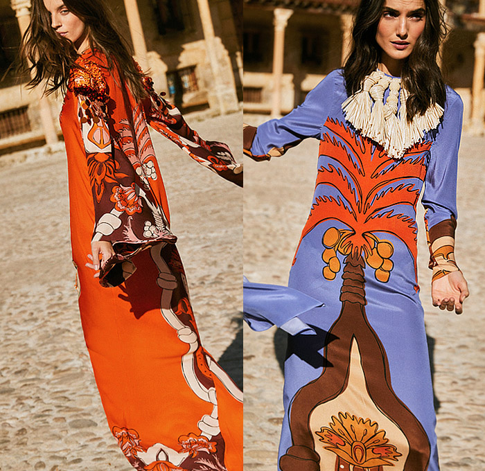 Johanna Ortiz 2023 Spring Summer Womens Lookbook - Mode à Paris Fashion Week France - Tropical Palm Trees Coconuts Flowers Floral Leaves Foliage Fauna Decorative Art Print Motif Twist Crop Top Midriff Pencil Skirt Poufy Puff Sleeves Cross Halterneck Robe Bedazzled Beads Sequins Paillettes Shells Embroidery Eyelets Holes Lace Cutout Waist Noodle Strap Tiered Ruffles Frills Asymmetrical Silk Satin Shawl Gown Maxi Dress Rope Fringes Necklace Tassels Knit Crochet Handbag Kitten Heels