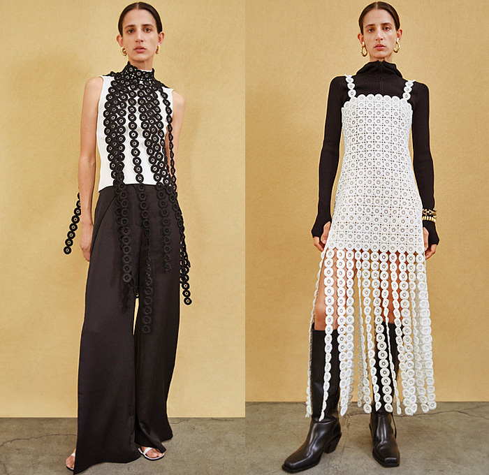 Jonathan Simkhai 2023 Resort Cruise Pre-Spring Womens Lookbook Presentation - Lace Guipure Embroidery Cutwork Circles Loops Rings Mesh Fringes Bedazzled Sequins Scales Paillettes Knit Turtleneck Sweater Shift Dress Bralette Trench Coat Crop Top Midriff Noodle Strap Bodycon Halterneck Tied Cinch Abstract Miniskirt Wide Leg Tights Stockings Quilted Safari Bomber Jacket Denim Jeans Pockets Studs Beads Shorts Patchwork Cutout Pantsuit Blazer Knee High Boots Handbag Tote