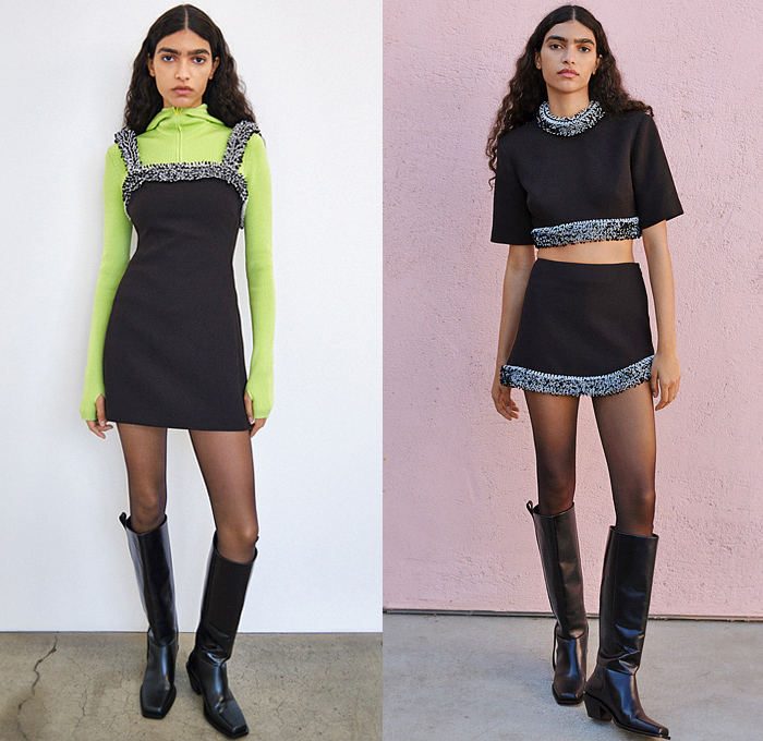 Jonathan Simkhai 2023 Resort Cruise Pre-Spring Womens Lookbook Presentation - Lace Guipure Embroidery Cutwork Circles Loops Rings Mesh Fringes Bedazzled Sequins Scales Paillettes Knit Turtleneck Sweater Shift Dress Bralette Trench Coat Crop Top Midriff Noodle Strap Bodycon Halterneck Tied Cinch Abstract Miniskirt Wide Leg Tights Stockings Quilted Safari Bomber Jacket Denim Jeans Pockets Studs Beads Shorts Patchwork Cutout Pantsuit Blazer Knee High Boots Handbag Tote