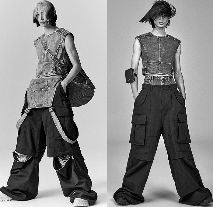 Juun.J 2023 Spring Summer Mens Lookbook Presentation - Destroyed Destructed Holes Slashed Denim Jeans Trucker Jacket Crop Top Midriff Boxy Sleeveless Vest Gilet Bib Brace Flap Utility Pockets Oversized Blazer Baggy Loose Wide Leg Cargo Pants Zipper Shorts Hoodie Anorak Windbreaker Sling Pack Arm Pouch Sneakers Boots