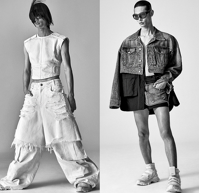 Juun.J 2023 Spring Summer Mens Lookbook Presentation - Destroyed Destructed Holes Slashed Denim Jeans Trucker Jacket Crop Top Midriff Boxy Sleeveless Vest Gilet Bib Brace Flap Utility Pockets Oversized Blazer Baggy Loose Wide Leg Cargo Pants Zipper Shorts Hoodie Anorak Windbreaker Sling Pack Arm Pouch Sneakers Boots