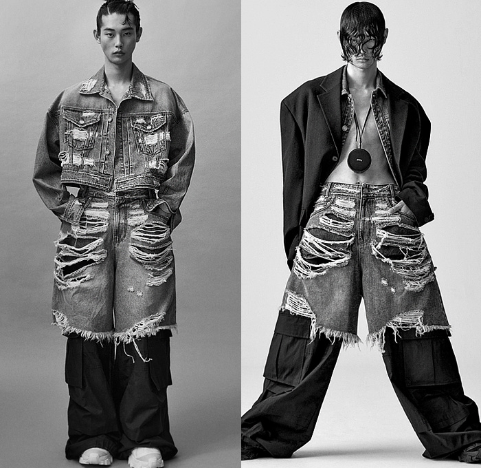 Juun.J 2023 Spring Summer Mens Lookbook Presentation - Destroyed Destructed Holes Slashed Denim Jeans Trucker Jacket Crop Top Midriff Boxy Sleeveless Vest Gilet Bib Brace Flap Utility Pockets Oversized Blazer Baggy Loose Wide Leg Cargo Pants Zipper Shorts Hoodie Anorak Windbreaker Sling Pack Arm Pouch Sneakers Boots