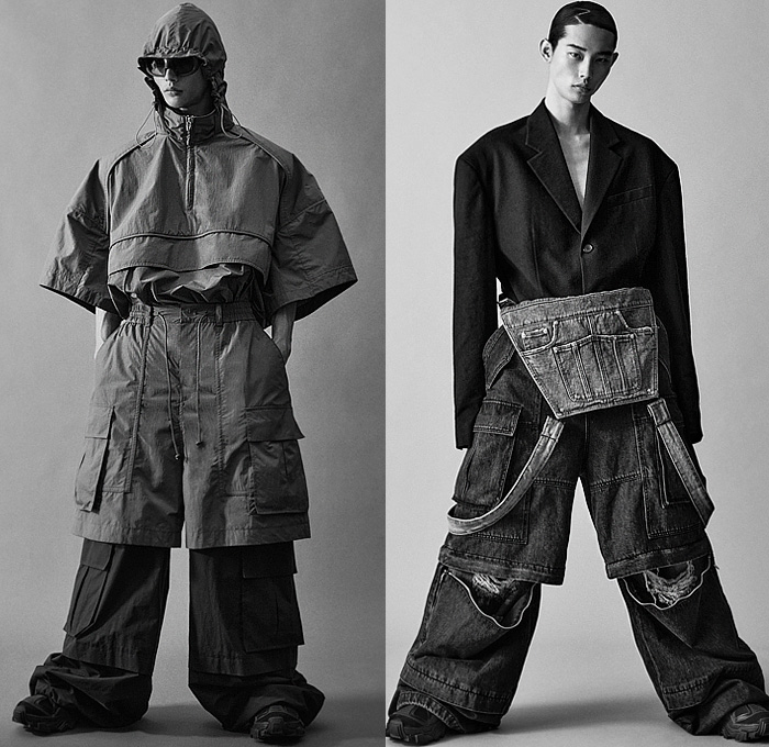 Juun.J 2023 Spring Summer Mens Lookbook Presentation - Destroyed Destructed Holes Slashed Denim Jeans Trucker Jacket Crop Top Midriff Boxy Sleeveless Vest Gilet Bib Brace Flap Utility Pockets Oversized Blazer Baggy Loose Wide Leg Cargo Pants Zipper Shorts Hoodie Anorak Windbreaker Sling Pack Arm Pouch Sneakers Boots