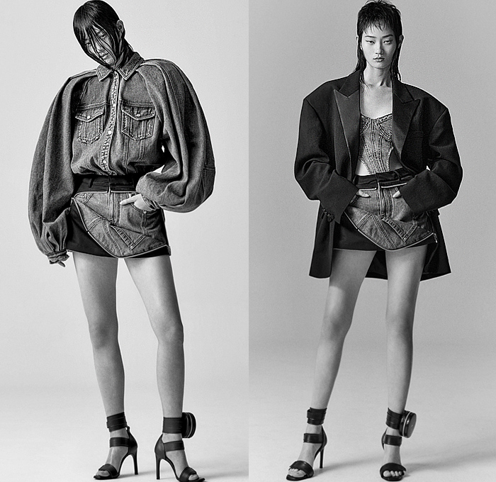 Juun.J 2023 Spring Summer Womens Lookbook Presentation - Oversized Oversleeve Bloated Sleeves Trucker Jacket Zipper Jorts Shorts Cutoffs Blazer Bustier Bralette Cutout Waist Peplum Ruffles Flap Utility Pockets Cargo Pants Wide Leg Baggy Loose Destroyed Destructed Slashed Frayed Raw Hem Holes Denim Jeans Skirt Bib Brace Coveralls Bomber Jacket Lanyard Crop Top Midriff Poufy Puffy Puff Ball Strapless Open Shoulders Sheer Tulle Stripes Dress Ankle Pouch