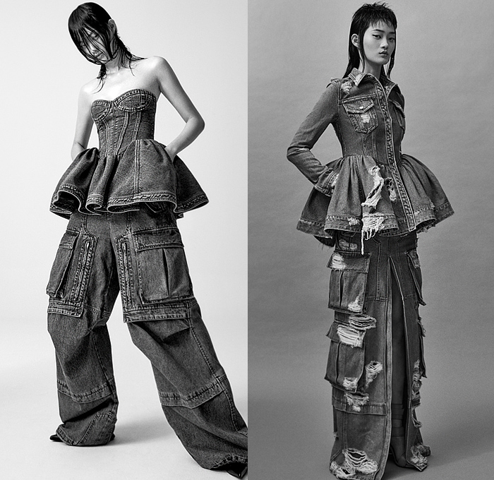 Juun.J 2023 Spring Summer Womens Lookbook Presentation - Oversized Oversleeve Bloated Sleeves Trucker Jacket Zipper Jorts Shorts Cutoffs Blazer Bustier Bralette Cutout Waist Peplum Ruffles Flap Utility Pockets Cargo Pants Wide Leg Baggy Loose Destroyed Destructed Slashed Frayed Raw Hem Holes Denim Jeans Skirt Bib Brace Coveralls Bomber Jacket Lanyard Crop Top Midriff Poufy Puffy Puff Ball Strapless Open Shoulders Sheer Tulle Stripes Dress Ankle Pouch