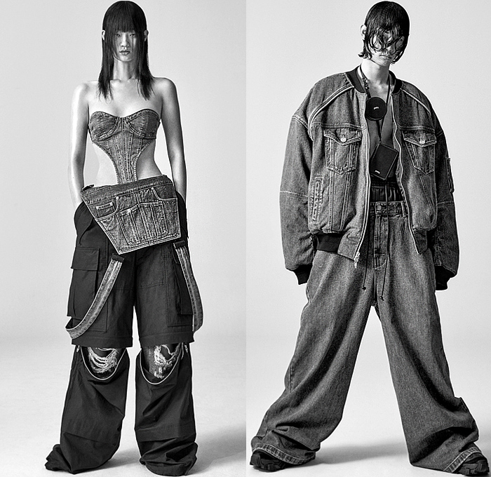 Juun.J 2023 Spring Summer Womens Lookbook Presentation - Oversized Oversleeve Bloated Sleeves Trucker Jacket Zipper Jorts Shorts Cutoffs Blazer Bustier Bralette Cutout Waist Peplum Ruffles Flap Utility Pockets Cargo Pants Wide Leg Baggy Loose Destroyed Destructed Slashed Frayed Raw Hem Holes Denim Jeans Skirt Bib Brace Coveralls Bomber Jacket Lanyard Crop Top Midriff Poufy Puffy Puff Ball Strapless Open Shoulders Sheer Tulle Stripes Dress Ankle Pouch