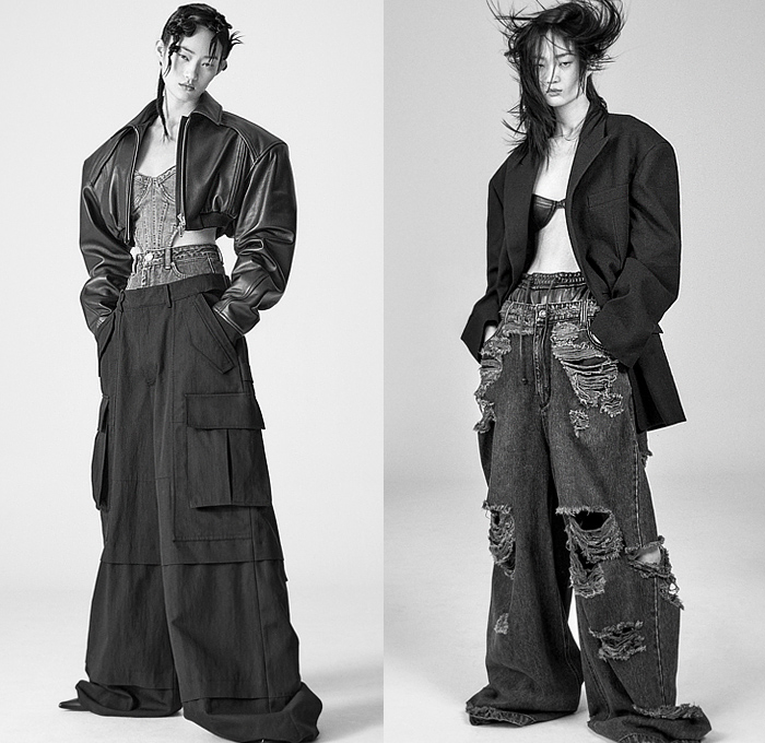 Juun.J 2023 Spring Summer Womens Lookbook Presentation - Oversized Oversleeve Bloated Sleeves Trucker Jacket Zipper Jorts Shorts Cutoffs Blazer Bustier Bralette Cutout Waist Peplum Ruffles Flap Utility Pockets Cargo Pants Wide Leg Baggy Loose Destroyed Destructed Slashed Frayed Raw Hem Holes Denim Jeans Skirt Bib Brace Coveralls Bomber Jacket Lanyard Crop Top Midriff Poufy Puffy Puff Ball Strapless Open Shoulders Sheer Tulle Stripes Dress Ankle Pouch