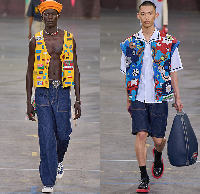 Kenzo 2023 Spring Summer Mens Runway Looks - Paris Fashion Week Homme Mode Masculine Printemps Eté - Workwear Engineer Railroad Stripes Leopard Elephant Bomber Jacket Trench Coat Nautical Sailor Collar Flowers Floral Embroidery Suit Blazer Check Plaid Scarf Kimono Patchwork Vest Knit Patches Suspenders Wool Houndstooth Herringbone Leggings Tights Tearaway Pants Wide Leg Shorts Denim Jeans Manskirt Backpack Luggage Bag Loafers Brogues Beret Bowler Hat