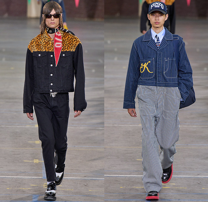 Kenzo 2023 Spring Summer Mens Runway Looks - Paris Fashion Week Homme Mode Masculine Printemps Eté - Workwear Engineer Railroad Stripes Leopard Elephant Bomber Jacket Trench Coat Nautical Sailor Collar Flowers Floral Embroidery Suit Blazer Check Plaid Scarf Kimono Patchwork Vest Knit Patches Suspenders Wool Houndstooth Herringbone Leggings Tights Tearaway Pants Wide Leg Shorts Denim Jeans Manskirt Backpack Luggage Bag Loafers Brogues Beret Bowler Hat