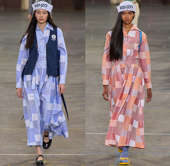 Kenzo 2023 Spring Summer Womens Runway Looks - Paris Fashion Week Homme Printemps Eté - Workwear Engineer Railroad Stripes Animals Leopard Elephant Patches Bomber Jacket Marine Nautical Sailor Collar Flowers Floral Embroidery Pantsuit Wool Herringbone Blazer Check Plaid Patchwork Vest Knit Sweater Cardigan Wide Leg Denim Jeans Strapless Blouse Neck Tie Suspenders Midi Skirt Crop Top Midriff Dress Bicycle Cycling Shorts Beret Bowler Hat Ball Handbag Loafers Mary Janes