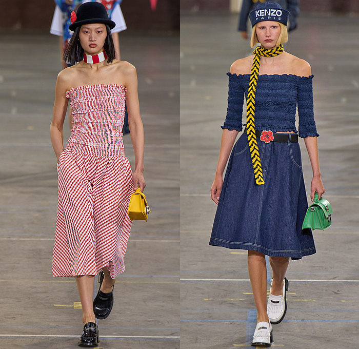 Kenzo 2023 Spring Summer Womens Runway Looks - Paris Fashion Week Homme Printemps Eté - Workwear Engineer Railroad Stripes Animals Leopard Elephant Patches Bomber Jacket Marine Nautical Sailor Collar Flowers Floral Embroidery Pantsuit Wool Herringbone Blazer Check Plaid Patchwork Vest Knit Sweater Cardigan Wide Leg Denim Jeans Strapless Blouse Neck Tie Suspenders Midi Skirt Crop Top Midriff Dress Bicycle Cycling Shorts Beret Bowler Hat Ball Handbag Loafers Mary Janes