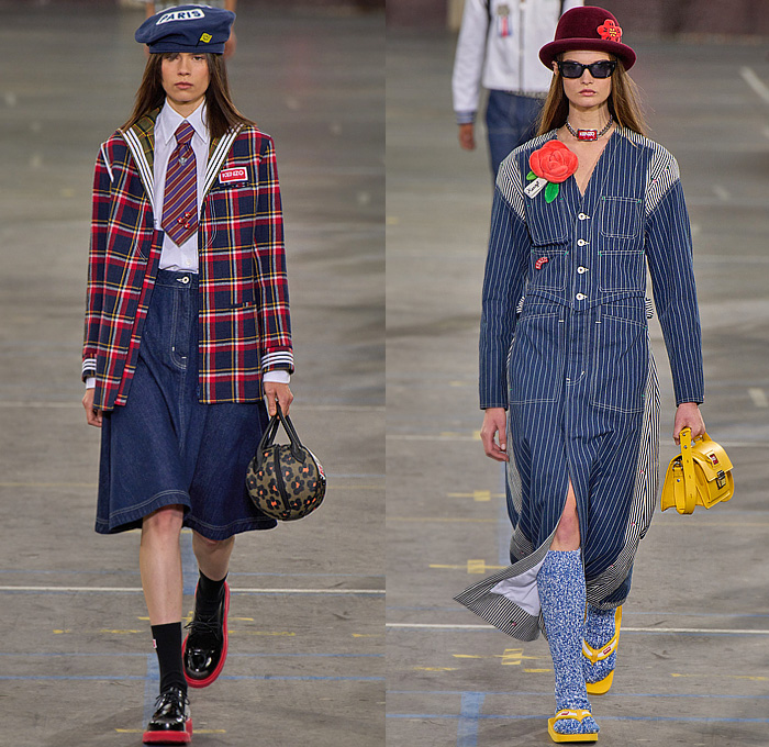 Kenzo 2023 Spring Summer Womens Runway Looks - Paris Fashion Week Homme Printemps Eté - Workwear Engineer Railroad Stripes Animals Leopard Elephant Patches Bomber Jacket Marine Nautical Sailor Collar Flowers Floral Embroidery Pantsuit Wool Herringbone Blazer Check Plaid Patchwork Vest Knit Sweater Cardigan Wide Leg Denim Jeans Strapless Blouse Neck Tie Suspenders Midi Skirt Crop Top Midriff Dress Bicycle Cycling Shorts Beret Bowler Hat Ball Handbag Loafers Mary Janes