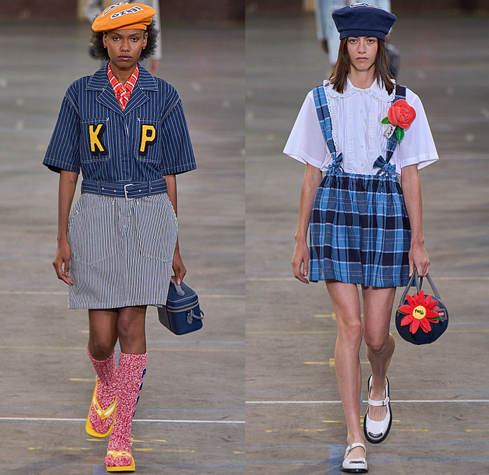 Kenzo 2023 Spring Summer Womens Runway Looks - Paris Fashion Week Homme Printemps Eté - Workwear Engineer Railroad Stripes Animals Leopard Elephant Patches Bomber Jacket Marine Nautical Sailor Collar Flowers Floral Embroidery Pantsuit Wool Herringbone Blazer Check Plaid Patchwork Vest Knit Sweater Cardigan Wide Leg Denim Jeans Strapless Blouse Neck Tie Suspenders Midi Skirt Crop Top Midriff Dress Bicycle Cycling Shorts Beret Bowler Hat Ball Handbag Loafers Mary Janes