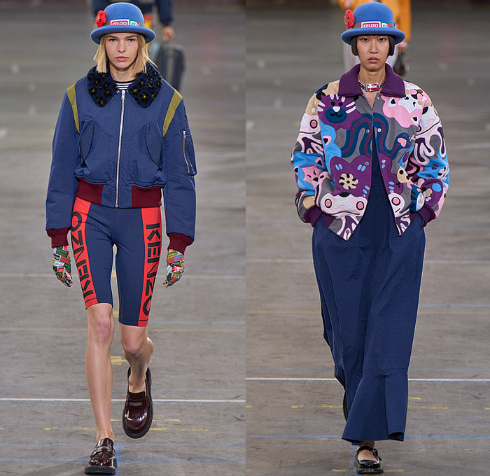 Kenzo 2023 Spring Summer Womens Runway Looks - Paris Fashion Week Homme Printemps Eté - Workwear Engineer Railroad Stripes Animals Leopard Elephant Patches Bomber Jacket Marine Nautical Sailor Collar Flowers Floral Embroidery Pantsuit Wool Herringbone Blazer Check Plaid Patchwork Vest Knit Sweater Cardigan Wide Leg Denim Jeans Strapless Blouse Neck Tie Suspenders Midi Skirt Crop Top Midriff Dress Bicycle Cycling Shorts Beret Bowler Hat Ball Handbag Loafers Mary Janes