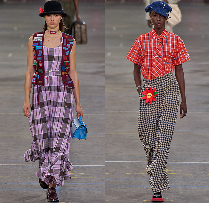 Kenzo 2023 Spring Summer Womens Runway Looks - Paris Fashion Week Homme Printemps Eté - Workwear Engineer Railroad Stripes Animals Leopard Elephant Patches Bomber Jacket Marine Nautical Sailor Collar Flowers Floral Embroidery Pantsuit Wool Herringbone Blazer Check Plaid Patchwork Vest Knit Sweater Cardigan Wide Leg Denim Jeans Strapless Blouse Neck Tie Suspenders Midi Skirt Crop Top Midriff Dress Bicycle Cycling Shorts Beret Bowler Hat Ball Handbag Loafers Mary Janes