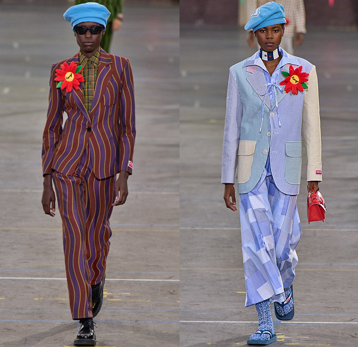 Kenzo 2023 Spring Summer Womens Runway Looks - Paris Fashion Week Homme Printemps Eté - Workwear Engineer Railroad Stripes Animals Leopard Elephant Patches Bomber Jacket Marine Nautical Sailor Collar Flowers Floral Embroidery Pantsuit Wool Herringbone Blazer Check Plaid Patchwork Vest Knit Sweater Cardigan Wide Leg Denim Jeans Strapless Blouse Neck Tie Suspenders Midi Skirt Crop Top Midriff Dress Bicycle Cycling Shorts Beret Bowler Hat Ball Handbag Loafers Mary Janes