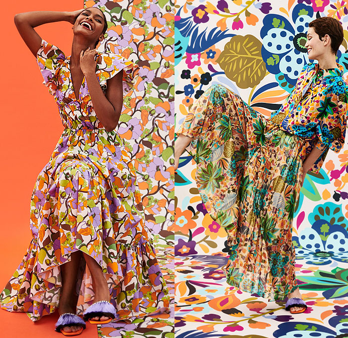 La DoubleJ 2023 Resort Cruise Pre-Spring Womens Lookbook Collection - Trendcasting Styles That Matter - Flowers Floral Botanical Plants Lush Foliage Vines Leaves Fauna Maxi Dress Onesie Gown 1960s Sixties Mod Wallpaper Pattern Decorative Art Ornaments Bold Stripes Swirls