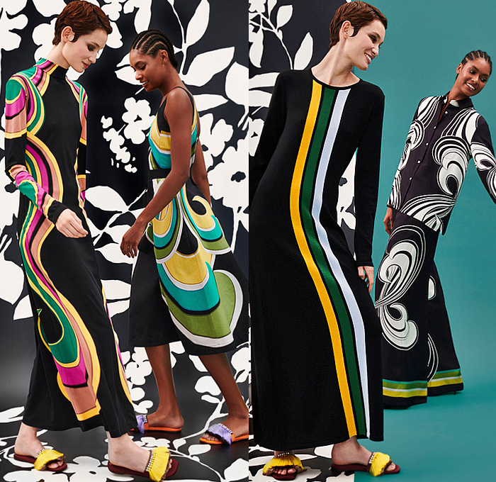 La DoubleJ 2023 Resort Cruise Pre-Spring Womens Lookbook Collection - Trendcasting Styles That Matter - Flowers Floral Botanical Plants Lush Foliage Vines Leaves Fauna Maxi Dress Onesie Gown 1960s Sixties Mod Wallpaper Pattern Decorative Art Ornaments Bold Stripes Swirls