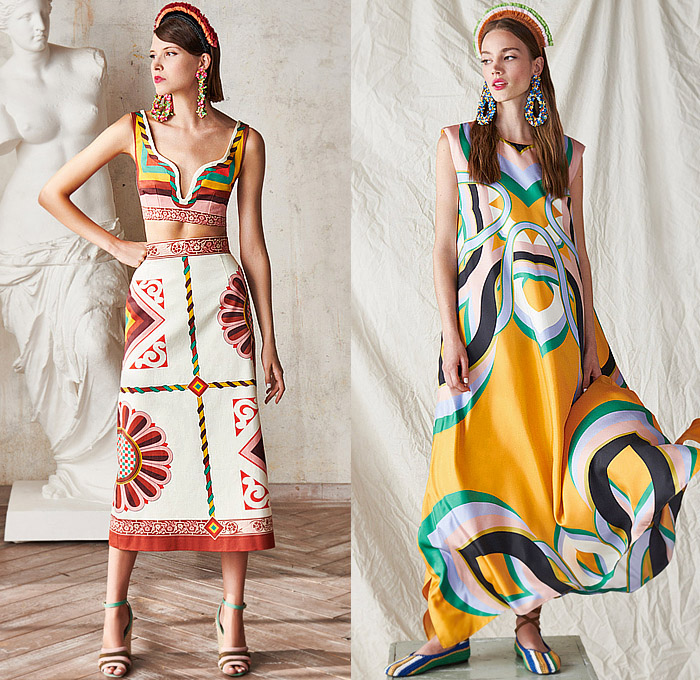 La DoubleJ 2023 Spring Summer Womens Lookbook - Milano Moda Donna Milan Fashion Week Italy - Renaissance Neapolitan Caprese Tiles Naples Ornaments Decorative Art Medallion Tiara Crop Top Midriff Poncho Bikini Wide Leg Culottes Maxi Dress Flowers Floral Varsity Jacket Loungewear Knit Crochet Mesh Blouse Lemons Citrus Shirtdress Strapless Poufy Shoulders Puff Sleeves Canopy Stripes Waves Pleats Carnival Tent Hem Tied Knot Skirt Gladiators Ballet Flats Straw Bucket Hat Slippers