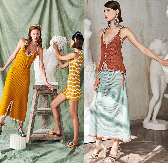 La DoubleJ 2023 Spring Summer Womens Lookbook - Milano Moda Donna Milan Fashion Week Italy - Renaissance Neapolitan Caprese Tiles Naples Ornaments Decorative Art Medallion Tiara Crop Top Midriff Poncho Bikini Wide Leg Culottes Maxi Dress Flowers Floral Varsity Jacket Loungewear Knit Crochet Mesh Blouse Lemons Citrus Shirtdress Strapless Poufy Shoulders Puff Sleeves Canopy Stripes Waves Pleats Carnival Tent Hem Tied Knot Skirt Gladiators Ballet Flats Straw Bucket Hat Slippers