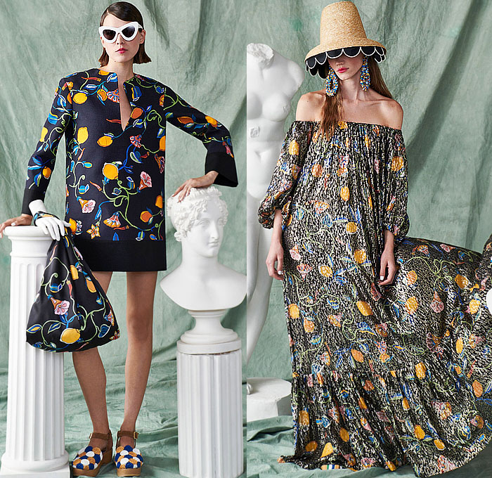 La DoubleJ 2023 Spring Summer Womens Lookbook - Milano Moda Donna Milan Fashion Week Italy - Renaissance Neapolitan Caprese Tiles Naples Ornaments Decorative Art Medallion Tiara Crop Top Midriff Poncho Bikini Wide Leg Culottes Maxi Dress Flowers Floral Varsity Jacket Loungewear Knit Crochet Mesh Blouse Lemons Citrus Shirtdress Strapless Poufy Shoulders Puff Sleeves Canopy Stripes Waves Pleats Carnival Tent Hem Tied Knot Skirt Gladiators Ballet Flats Straw Bucket Hat Slippers